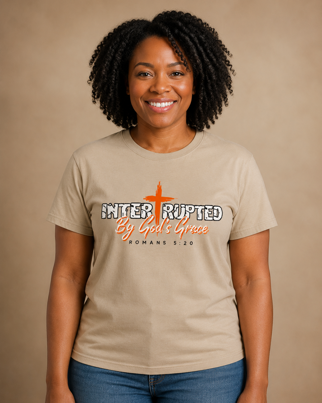 Interrupted by God's Grace T-Shirt in Beige / Tan